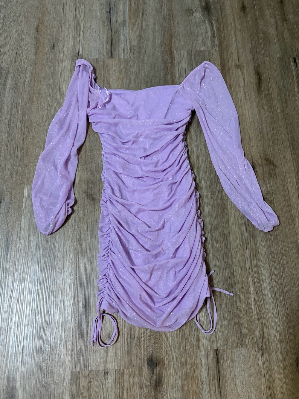 Jump Lilac Sparkle Off-Shoulder Ruched Mini Dress